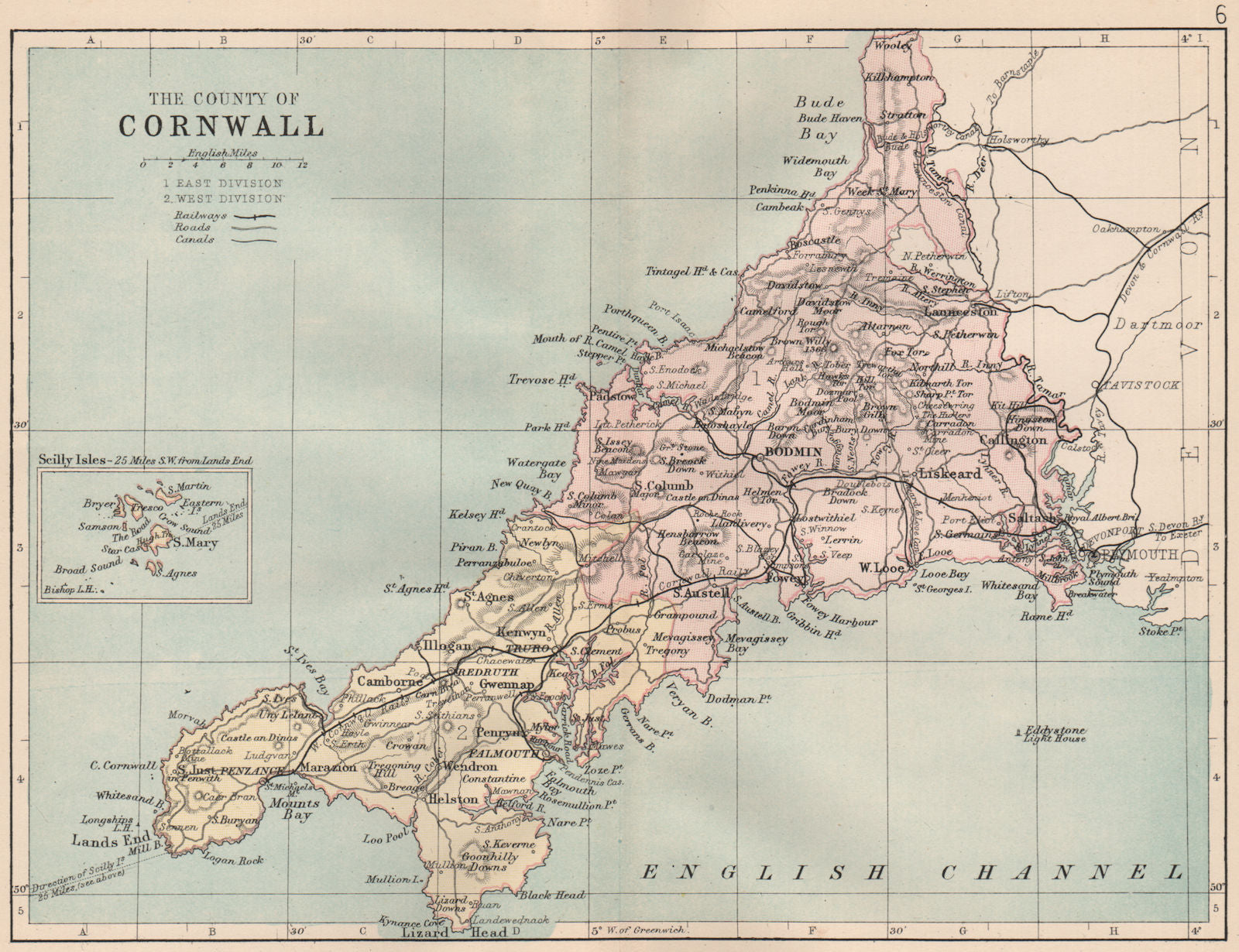 CORNWALL. Antique county map. Railways roads canals. Constituencies. PHILIP 1882